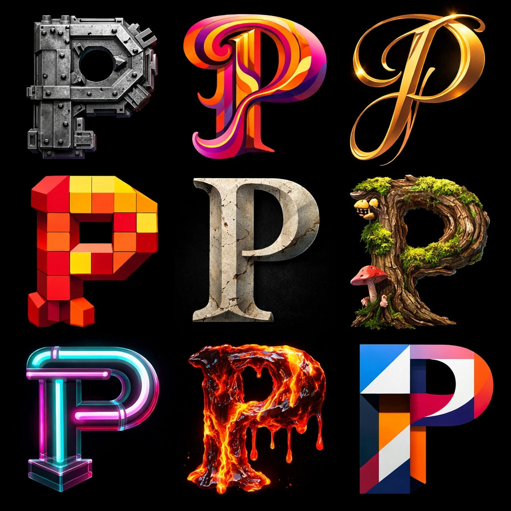 Example output from the 9 Radical Letterform Explorer ChatGPT prompt: a 3×3 grid of the letter 'P' in nine wildly different styles and materials such as fire, concrete, pixel, chrome and moss, on a black background.