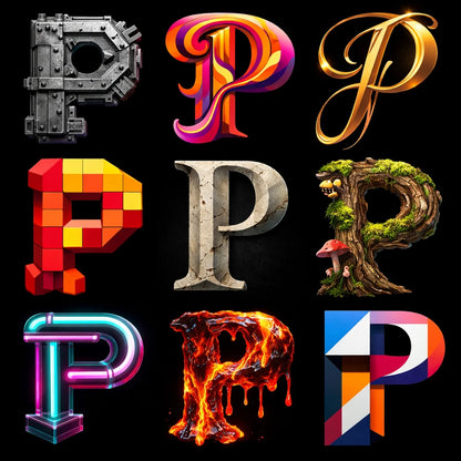 Example output from the 9 Radical Letterform Explorer ChatGPT prompt: a 3×3 grid of the letter 'P' in nine wildly different styles and materials such as fire, concrete, pixel, chrome and moss, on a black background.