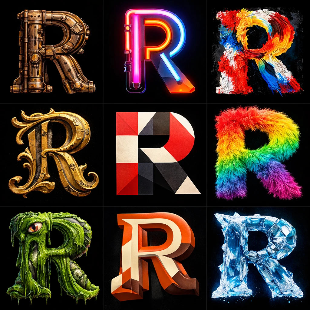 Example output from the 9 Radical Letterform Explorer ChatGPT prompt: a 3×3 grid of the letter 'R' rendered nine radically different ways — brass steampunk, neon, paint, gold, geometric, rainbow fur, green slime, layered paper and ice — on a black background.