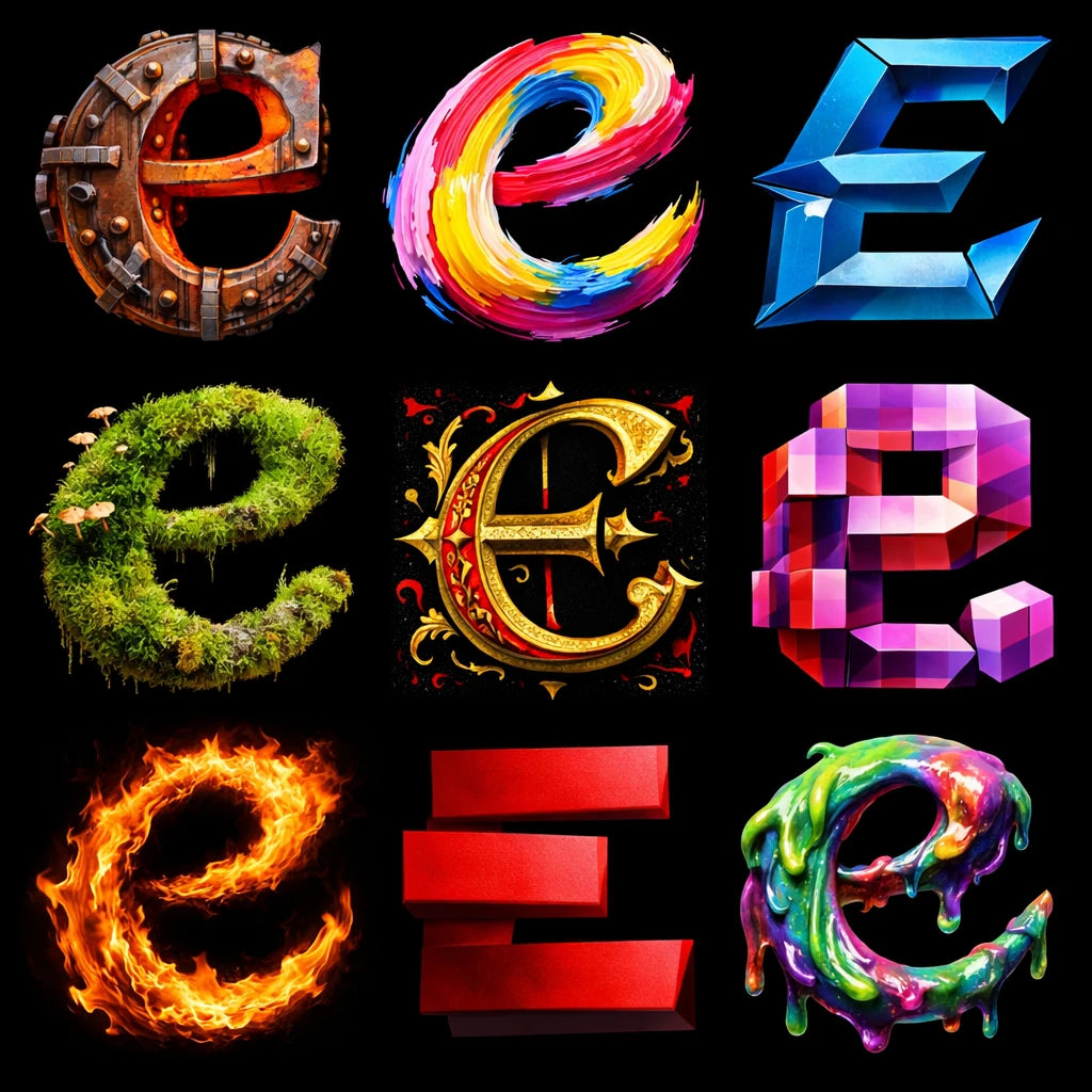 Example output from the 9 Radical Letterform Explorer ChatGPT prompt: a 3×3 grid of the lowercase letter 'e' in nine wildly different styles and materials such as fire, moss, pixel, chrome and neon, on a black background.