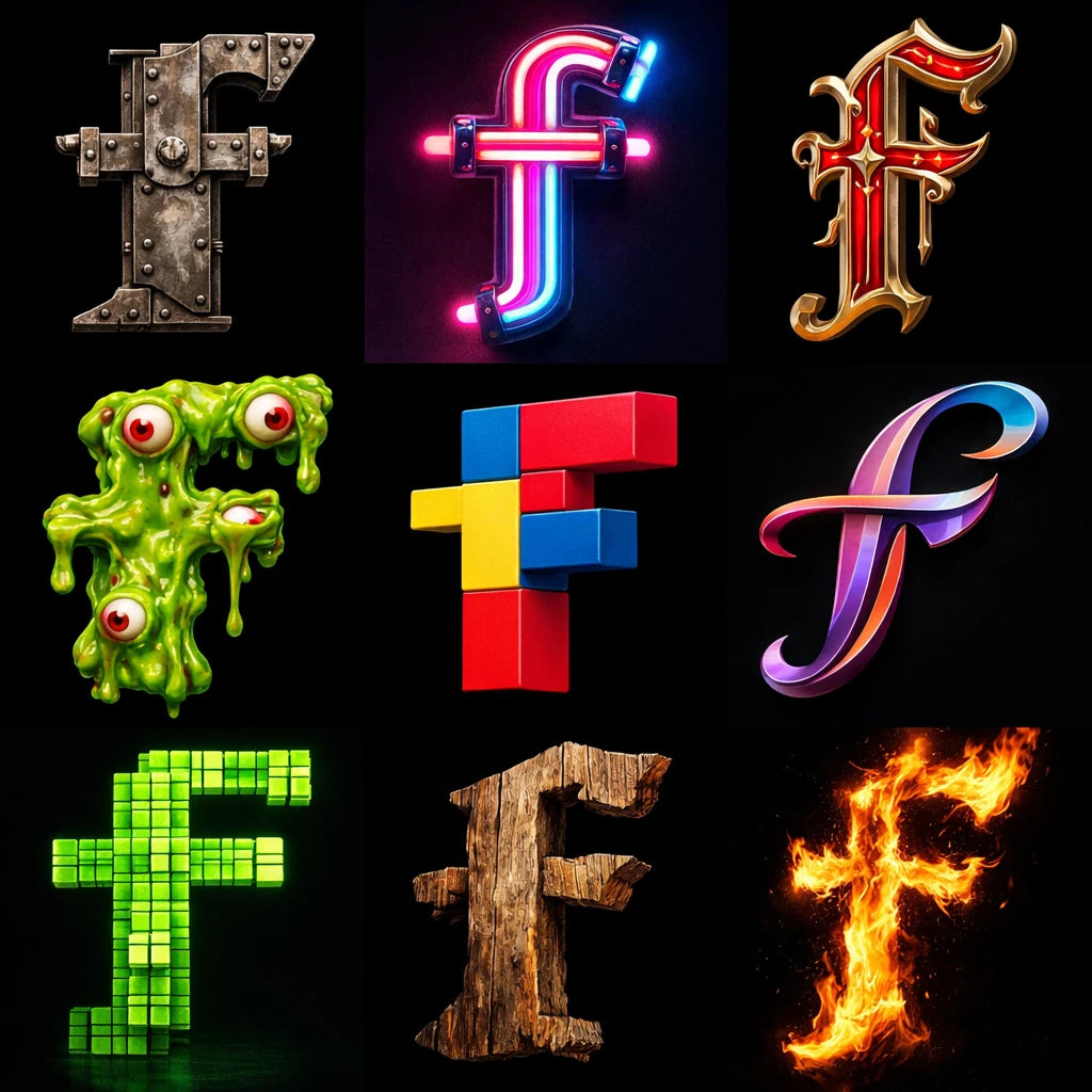 Example output from the 9 Radical Letterform Explorer ChatGPT prompt: a 3×3 grid of the lowercase letter 'f' in nine wildly different styles and materials such as riveted metal, neon, blackletter, pixel, wood and fire, on a black background.