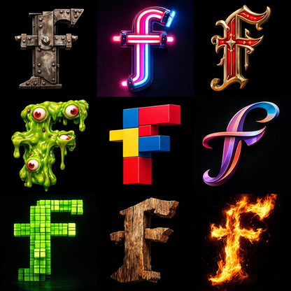 Example output from the 9 Radical Letterform Explorer ChatGPT prompt: a 3×3 grid of the lowercase letter 'f' in nine wildly different styles and materials such as riveted metal, neon, blackletter, pixel, wood and fire, on a black background.