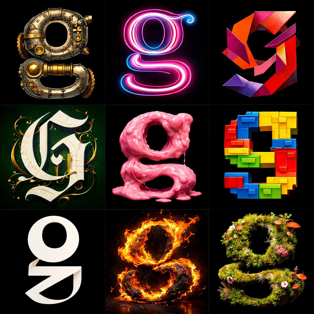 Example output from the 9 Radical Letterform Explorer ChatGPT prompt: a 3×3 grid of the lowercase letter 'g' rendered nine radically different ways — brass steampunk, neon, origami, ornate blackletter, pink slime, lego bricks, paper, fire and moss — on a black background.