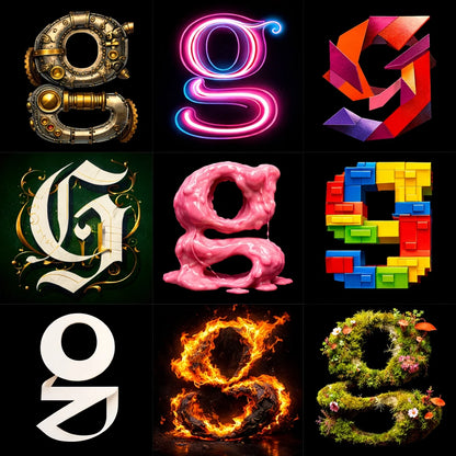 Example output from the 9 Radical Letterform Explorer ChatGPT prompt: a 3×3 grid of the lowercase letter 'g' rendered nine radically different ways — brass steampunk, neon, origami, ornate blackletter, pink slime, lego bricks, paper, fire and moss — on a black background.