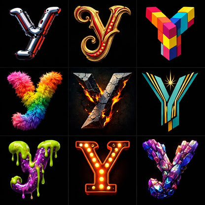 Example output from the 9 Radical Letterform Explorer ChatGPT prompt: a 3×3 grid of the lowercase letter 'y' in nine wildly different styles and materials such as chrome, fur, fire, marquee bulbs and glossy 3D, on a black background.
