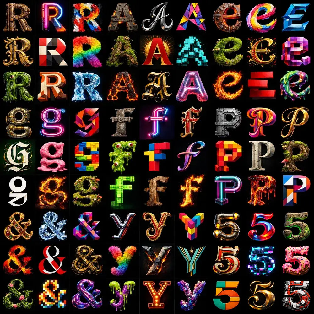 Example output from the 9 Radical Letterform Explorer ChatGPT prompt: a large montage of single letters and characters, each rendered nine radically different ways — steampunk metal, neon, ice, fire, moss, pixel, origami, chrome and glossy inflatable — on black backgrounds.