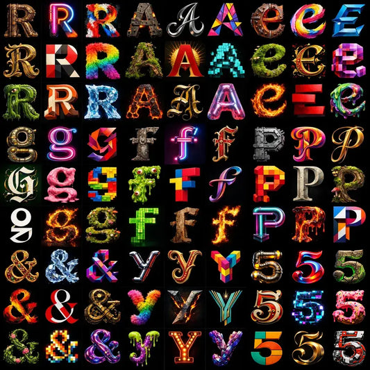 Example output from the 9 Radical Letterform Explorer ChatGPT prompt: a large montage of single letters and characters, each rendered nine radically different ways — steampunk metal, neon, ice, fire, moss, pixel, origami, chrome and glossy inflatable — on black backgrounds.