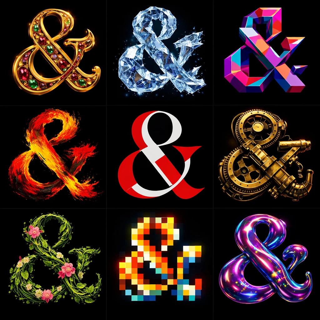 Example output from the 9 Radical Letterform Explorer ChatGPT prompt: a 3×3 grid of the ampersand '&' rendered nine radically different ways — jewelled gold, ice, low-poly, fire, red-and-white, brass steampunk, floral vine, pixel and glossy neon — on a black background.