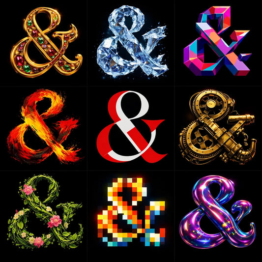 Example output from the 9 Radical Letterform Explorer ChatGPT prompt: a 3×3 grid of the ampersand '&' rendered nine radically different ways — jewelled gold, ice, low-poly, fire, red-and-white, brass steampunk, floral vine, pixel and glossy neon — on a black background.