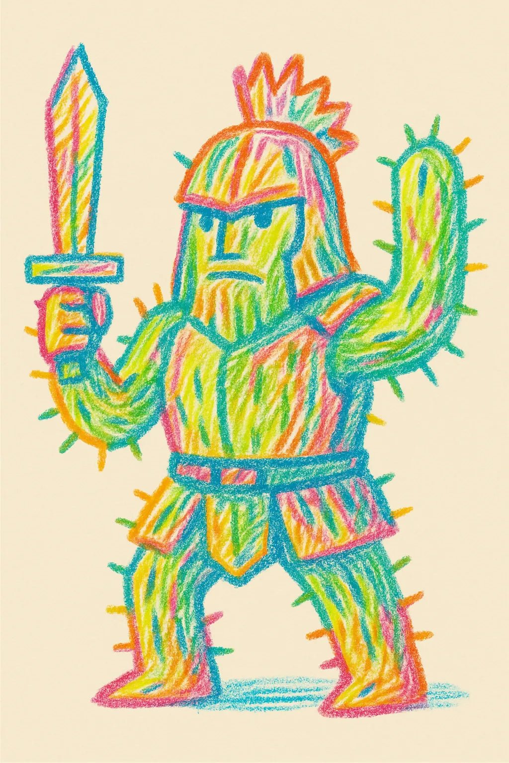 Example output from the Abstract Crayon Line Art Drawing ChatGPT prompt: Cactus Warrior