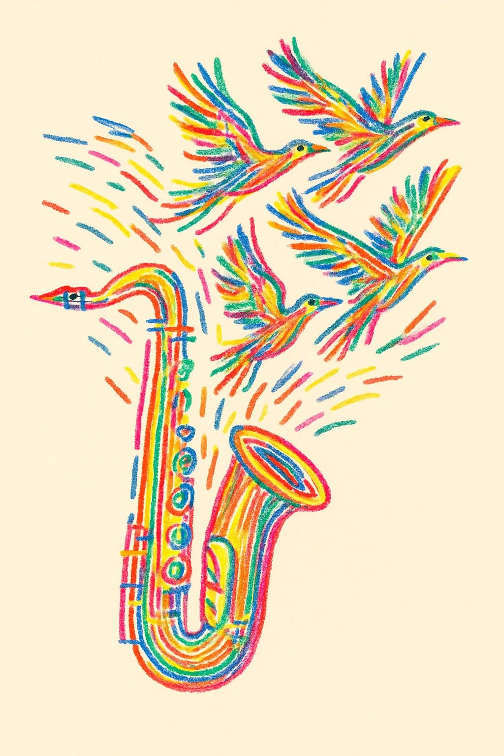 Example output from the Abstract Crayon Line Art Drawing ChatGPT prompt: Music Birds