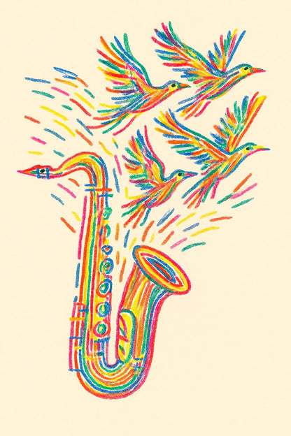 Example output from the Abstract Crayon Line Art Drawing ChatGPT prompt: Music Birds
