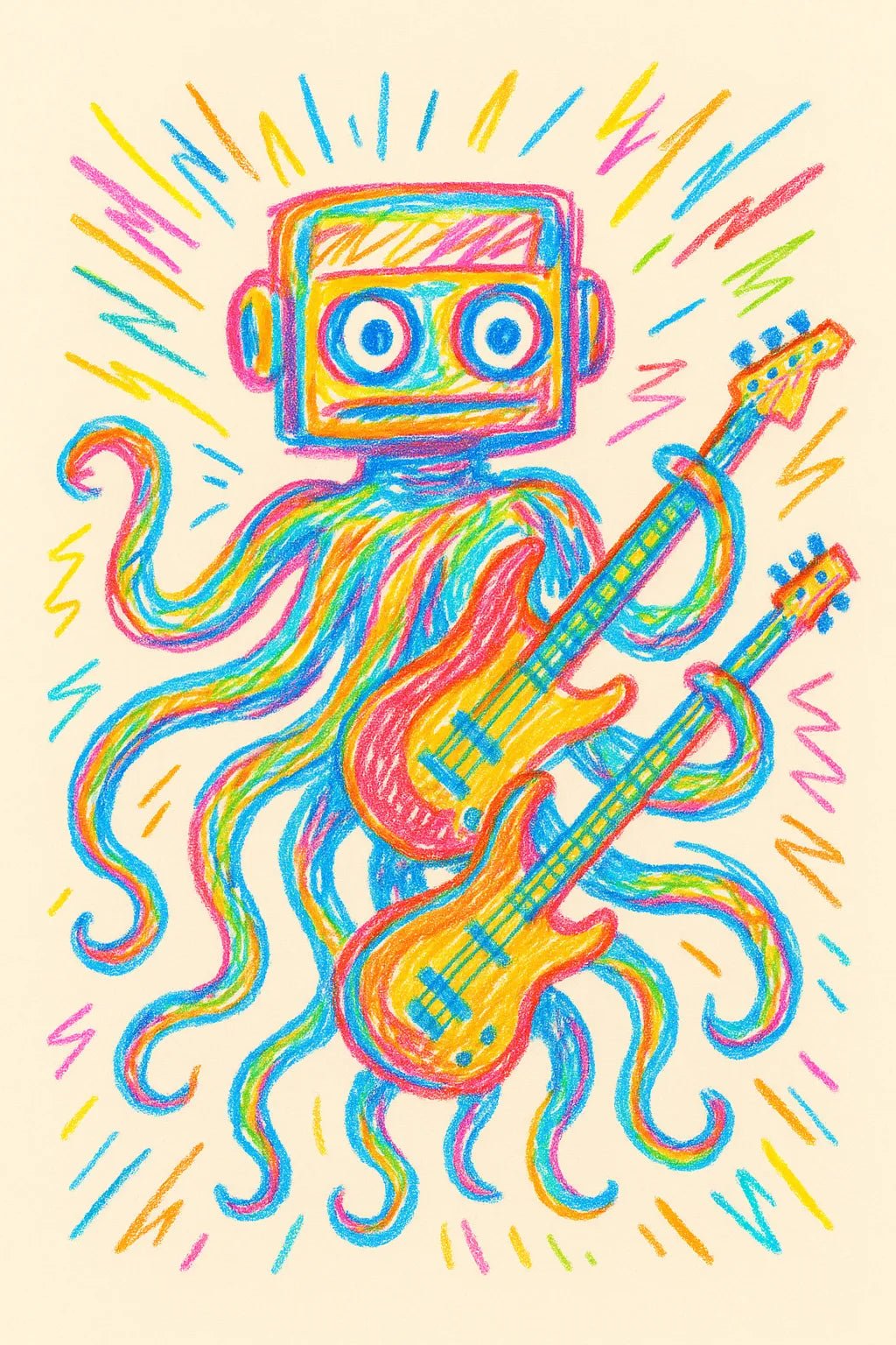 Example output from the Abstract Crayon Line Art Drawing ChatGPT prompt: Octopus Guitarist