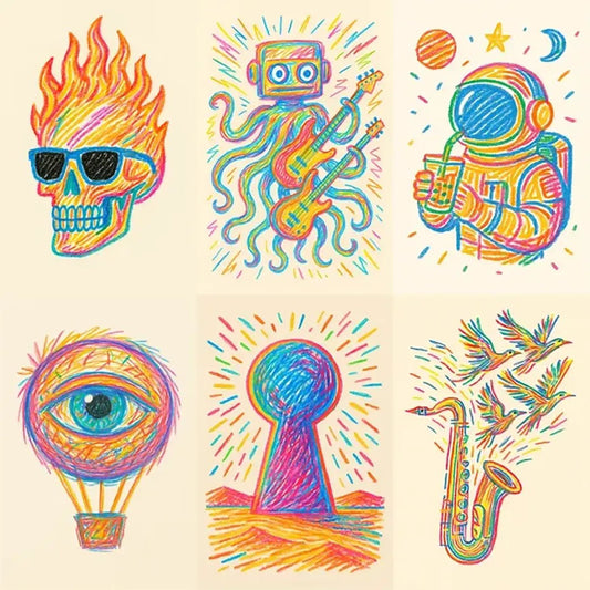 Example output from the Abstract Crayon Line Art Drawing ChatGPT prompt: expressive crayon-style portraits and objects drawn with multicolored strokes, centered on an off-white background with a playful, modernist sketch vibe.