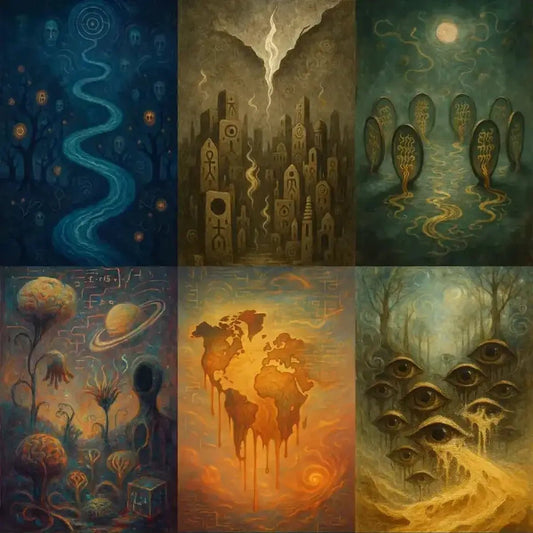 Example output from the Abstract Mythtech Surreal Art ChatGPT prompt: myth-inspired surreal compositions, featuring painterly textures, spiritual symbolism, abstract dreamscapes, and layered mystical forms.