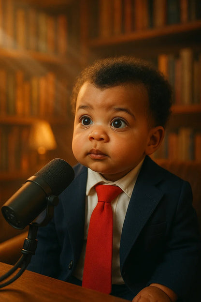 Example output from the Adorable Baby Podcast Portraits ChatGPT prompt: ultra-cute baby versions of adults styled as podcast hosts, featuring cinematic studio lighting, pastel duotone color grading, and expressive baby faces with accessories like microphones, glasses, and headphones. Preview 6.