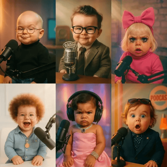 Example output from the Adorable Baby Podcast Portraits ChatGPT prompt: ultra-cute baby versions of adults styled as podcast hosts, featuring cinematic studio lighting, pastel duotone color grading, and expressive baby faces with accessories like microphones, glasses, and headphones.
