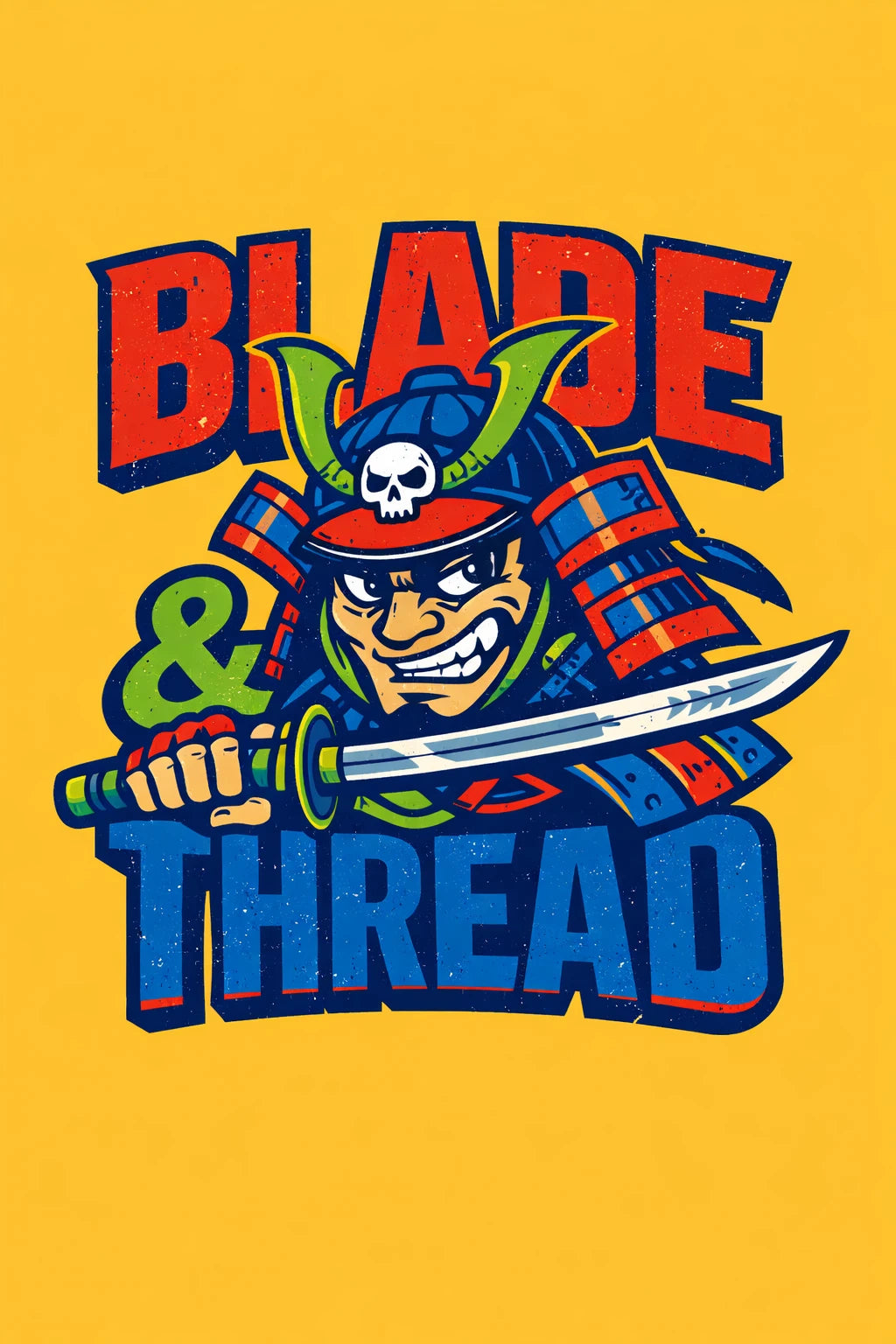 Example output from the Aggressive Mascot Logo Lockup ChatGPT prompt: an aggressive cartoon mascot logo lockup for 'Blade & Thread' with a bold character and chunky screen-print typography, esports and streetwear style.