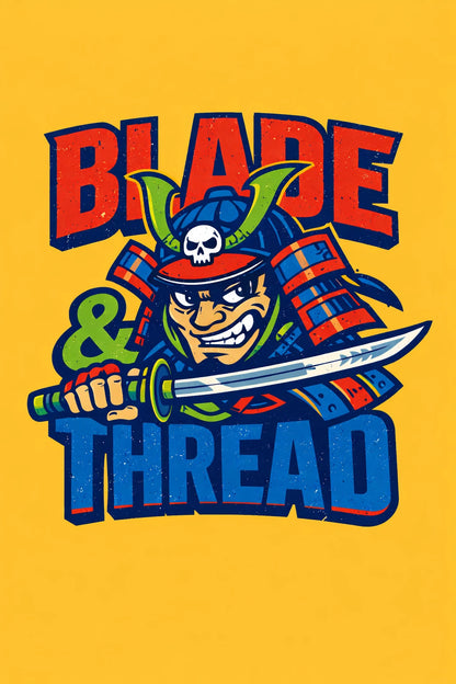 Example output from the Aggressive Mascot Logo Lockup ChatGPT prompt: an aggressive cartoon mascot logo lockup for 'Blade & Thread' with a bold character and chunky screen-print typography, esports and streetwear style.