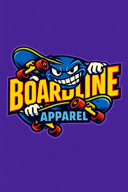 Example output from the Aggressive Mascot Logo Lockup ChatGPT prompt: a blue skateboarding creature mascot with bold yellow 'BOARDLINE APPAREL' typography on a purple background, esports and streetwear style.