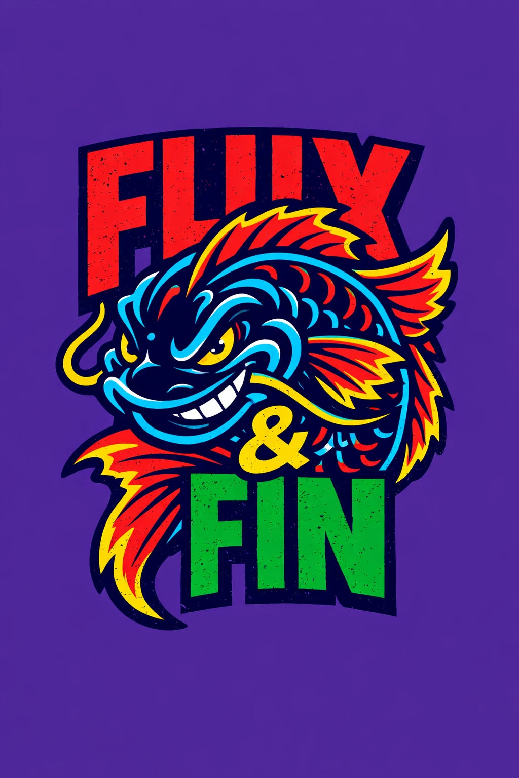 Example output from the Aggressive Mascot Logo Lockup ChatGPT prompt: a fierce koi-fish mascot with red-and-green 'FLUX & FIN' typography on a purple background, esports and streetwear style.