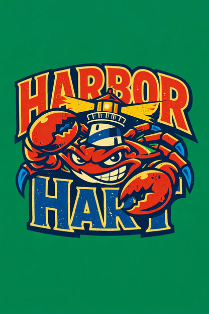 Example output from the Aggressive Mascot Logo Lockup ChatGPT prompt: an aggressive cartoon mascot logo lockup for 'Harbor Hart' with a bold character and chunky screen-print typography, esports and streetwear style.