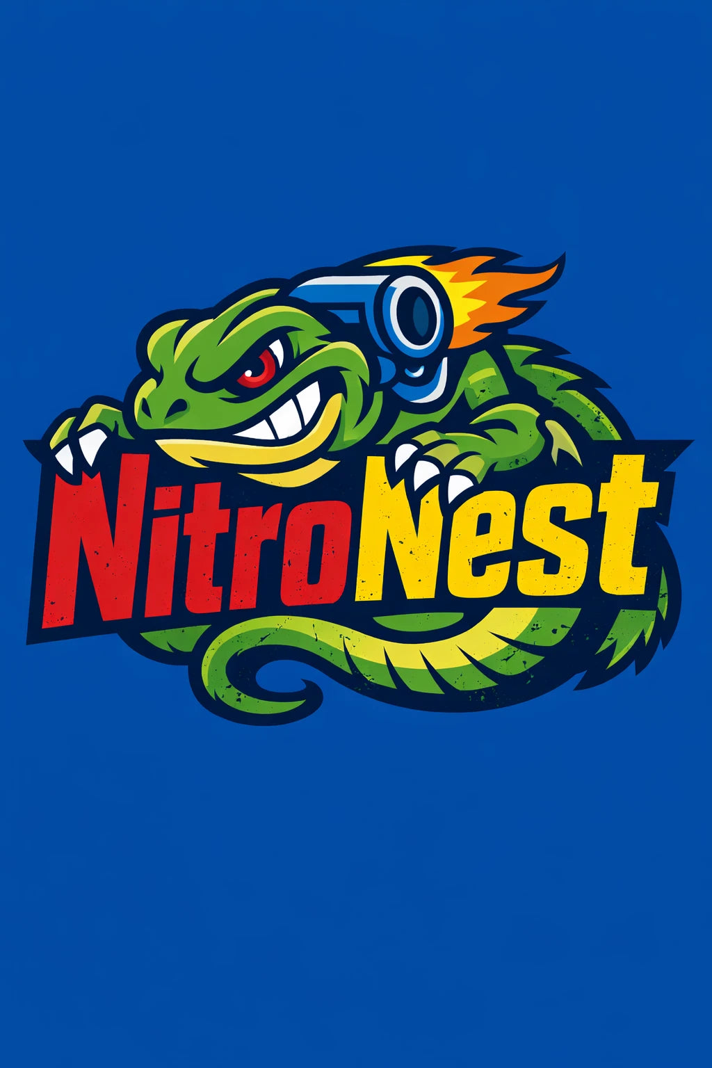 Example output from the Aggressive Mascot Logo Lockup ChatGPT prompt: a green dragon mascot with a flaming cannon and red 'NITRONEST' typography on a blue background, esports and streetwear style.