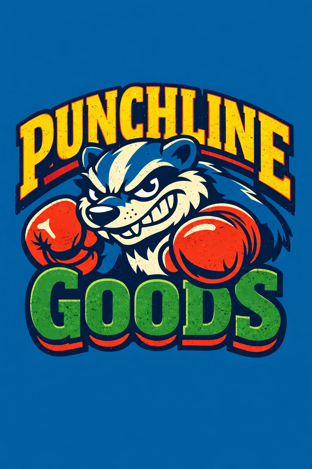 Example output from the Aggressive Mascot Logo Lockup ChatGPT prompt: an aggressive cartoon mascot logo lockup for 'Punchline Goods' with a bold character and chunky screen-print typography, esports and streetwear style.