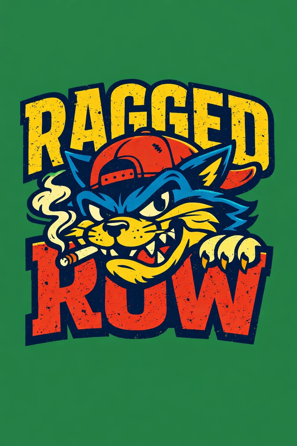 Example output from the Aggressive Mascot Logo Lockup ChatGPT prompt: a streetwise cat mascot in a backwards cap with bold 'RAGGED ROW' typography on a green background, esports and streetwear style.
