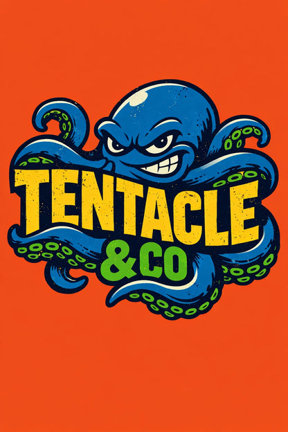 Example output from the Aggressive Mascot Logo Lockup ChatGPT prompt: a scowling blue octopus mascot with yellow-and-green 'TENTACLE & CO' typography on an orange background, esports and streetwear style.
