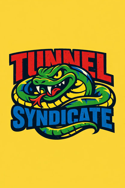 Example output from the Aggressive Mascot Logo Lockup ChatGPT prompt: a fanged green snake mascot with red-and-blue 'TUNNEL SYNDICATE' typography on a yellow background, esports and streetwear style.