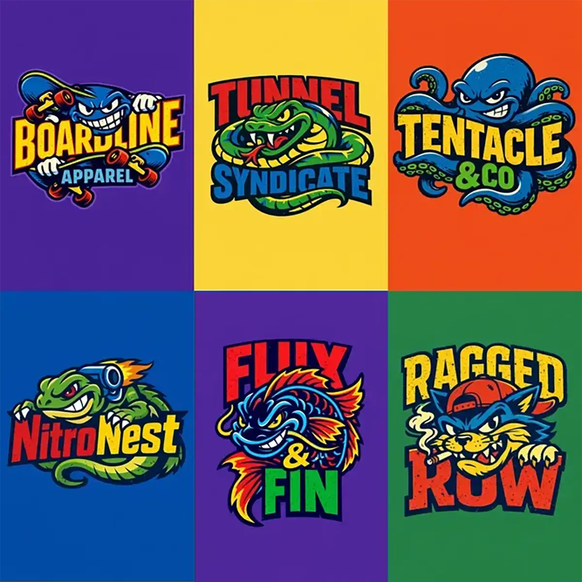 Example output from the Aggressive Mascot Logo Lockup ChatGPT prompt: a grid of bold, aggressive cartoon mascot logo lockups on vivid solid backgrounds — a skateboarding creature, fanged snake, scowling octopus, flaming dragon, fierce koi fish and streetwise cat, each paired with chunky screen-print typography.