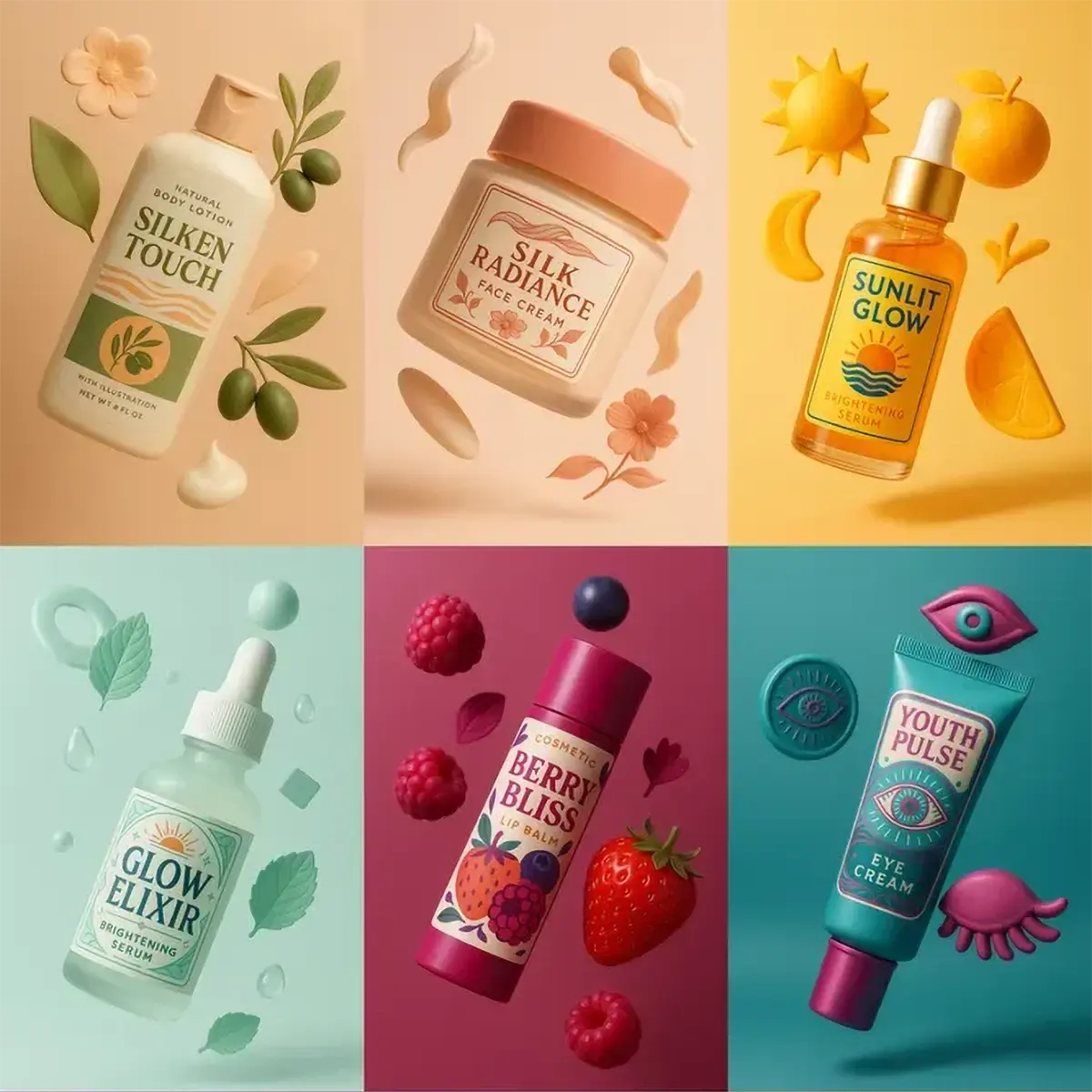 Example output of airy cosmetics floating shots generated by a ChatGPT prompt template, featuring skincare and beauty products surrounded by vibrant 3D leaves, flowers, droplets, and fruit elements on pastel backdrops with soft glow, premium sheen, and detailed shadows.