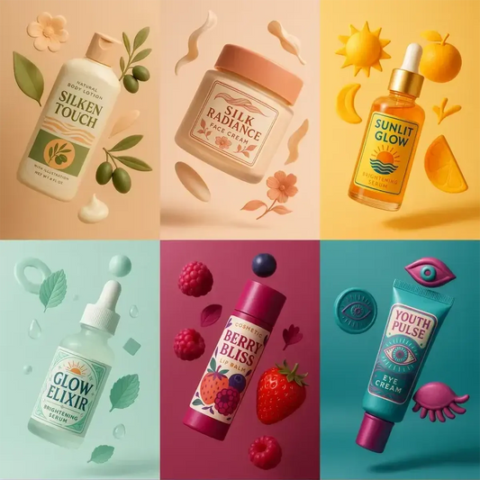 Example output of airy cosmetics floating shots generated by a ChatGPT prompt template, featuring skincare and beauty products surrounded by vibrant 3D leaves, flowers, droplets, and fruit elements on pastel backdrops with soft glow, premium sheen, and detailed shadows.