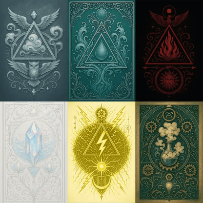 Example output from the Alchemical Insignia Art ChatGPT prompt: ornate emblem designs featuring elemental sigils (fire, water, earth, air), surrealist flourishes, and intricate linework with metallic textures.