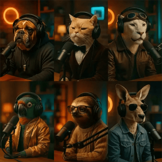 Example output from the Animal Podcast Guest Portraits ChatGPT prompt: stylish anthropomorphic animals in podcast settings, featuring cozy lighting, natural textures, modern outfits, and cinematic 3/4 studio framing.