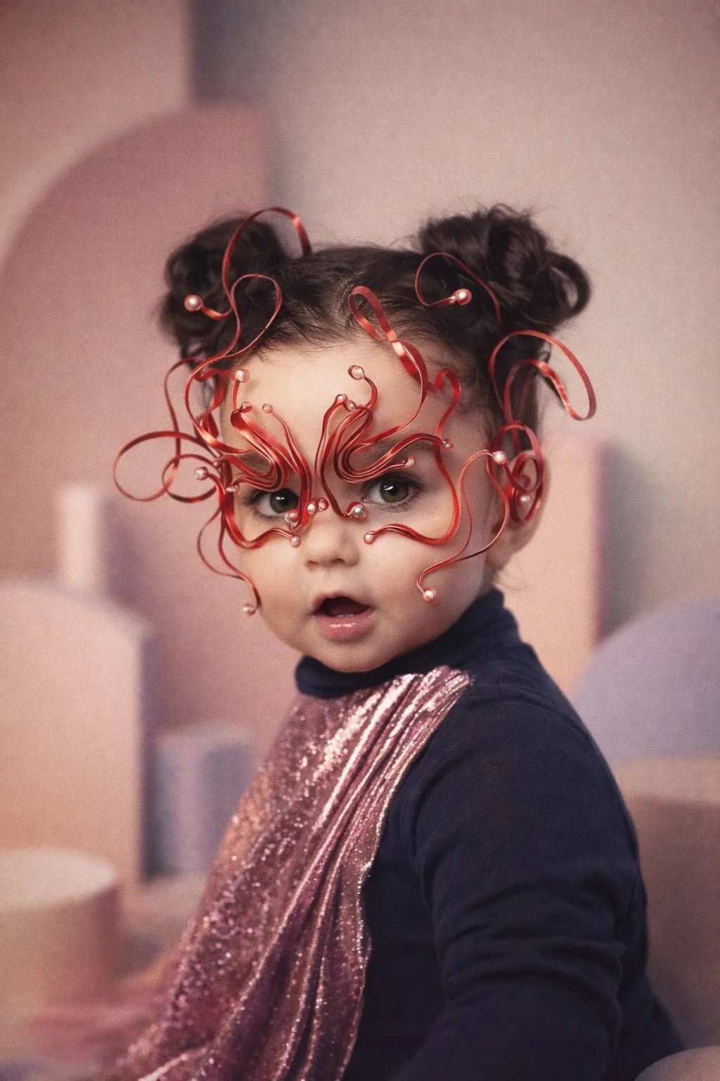 Luxury editorial baby-style portrait created from real photo, featuring high-fashion outfits, cinematic lighting, and premium studio aesthetics: Bjork