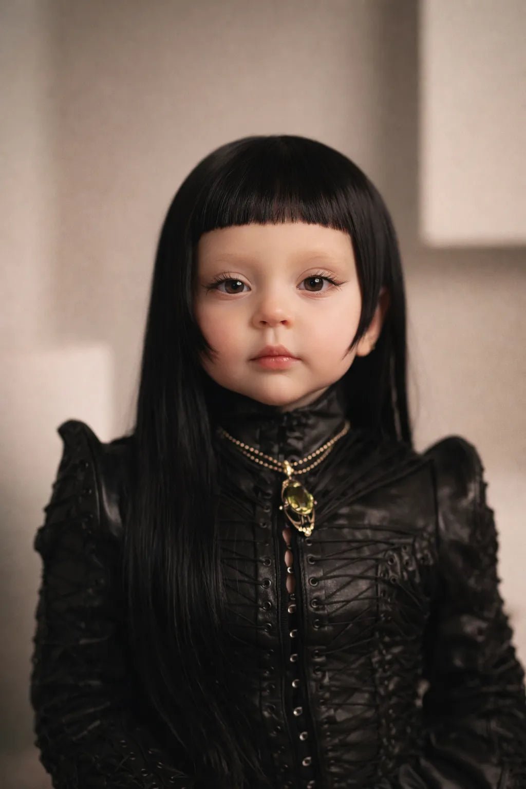 Luxury editorial baby-style portrait created from real photo, featuring high-fashion outfits, cinematic lighting, and premium studio aesthetics: Lady Gaga