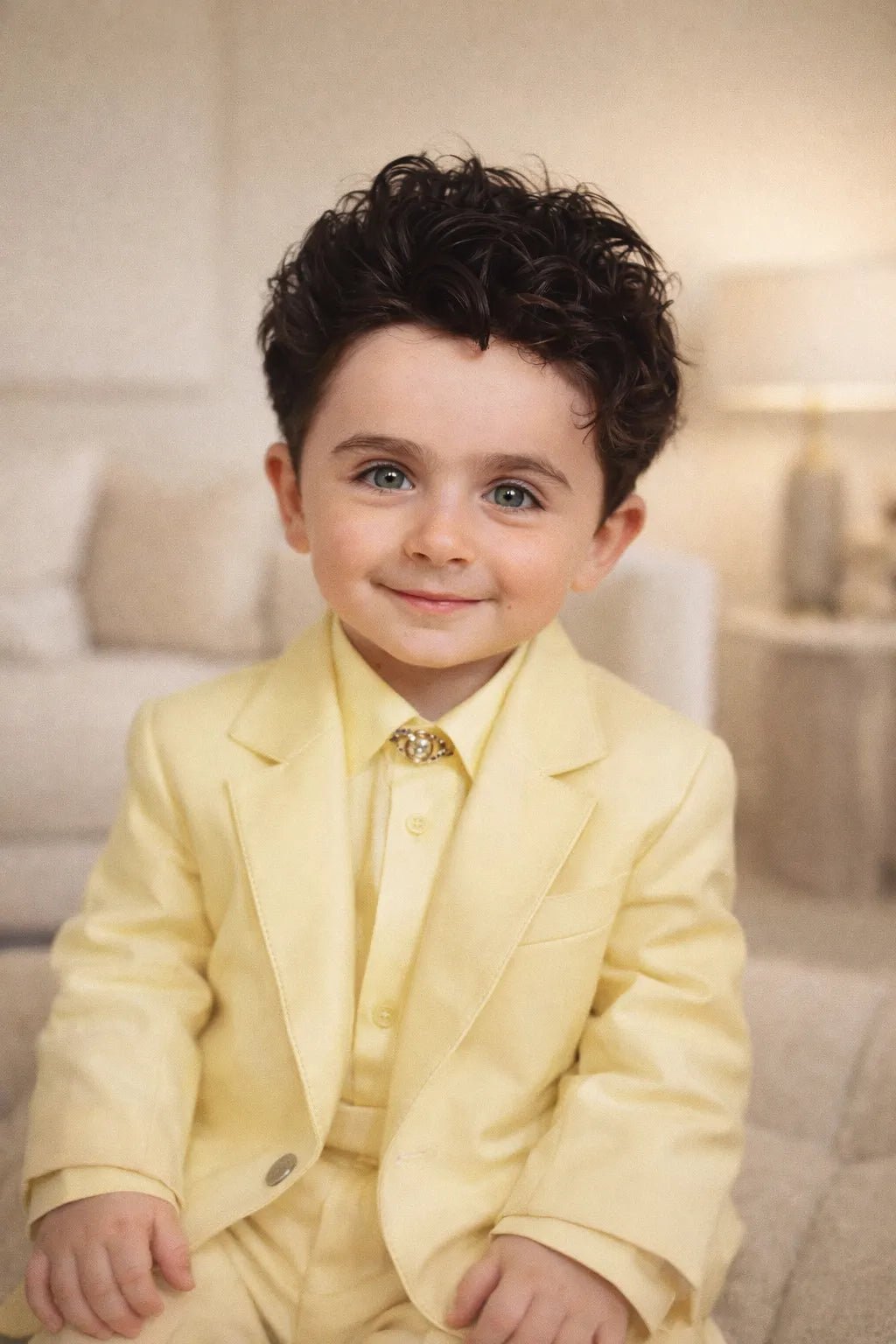 Luxury editorial baby-style portrait created from real photo, featuring high-fashion outfits, cinematic lighting, and premium studio aesthetics: Timothee