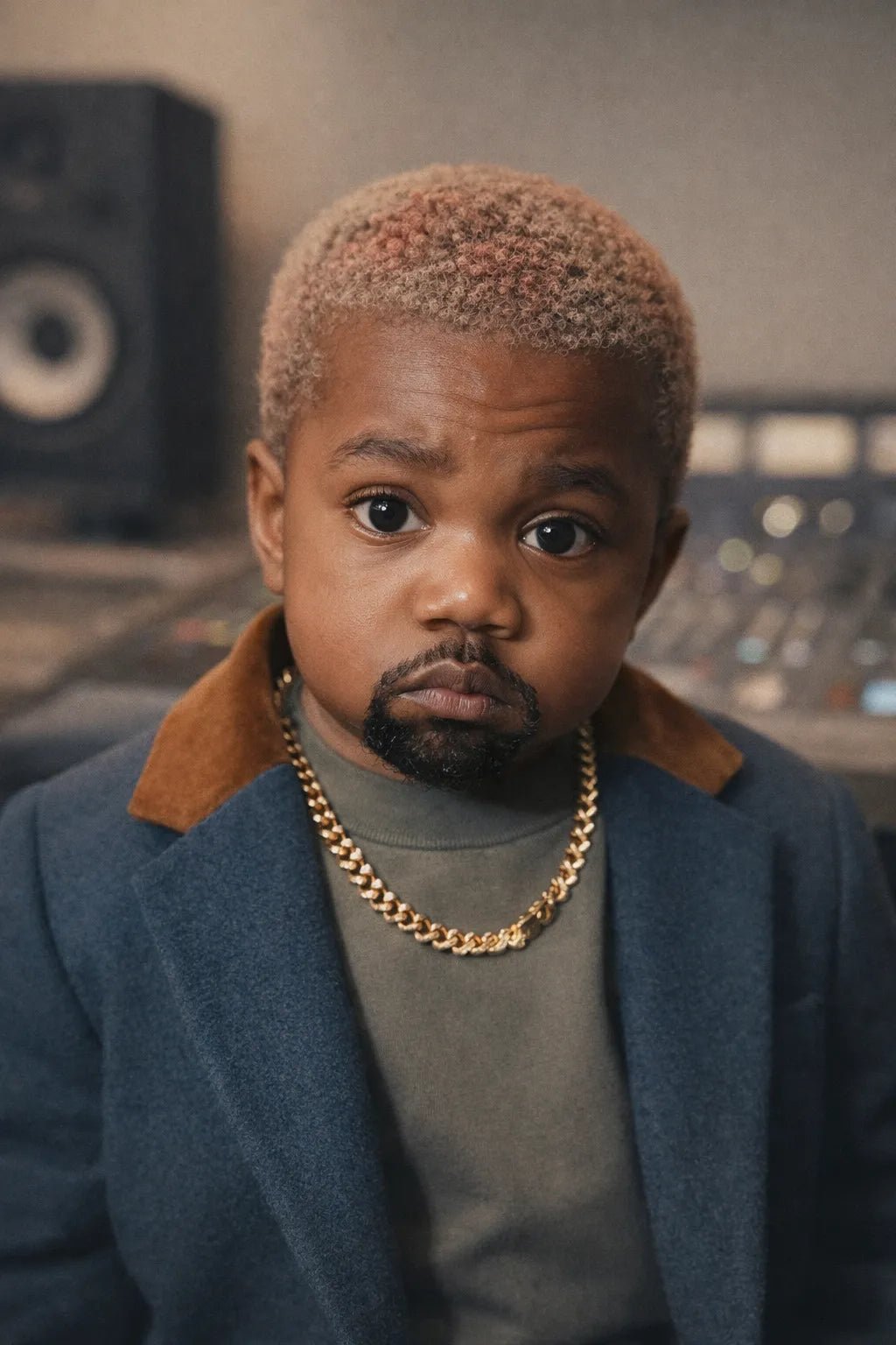 Luxury editorial baby-style portrait created from real photo, featuring high-fashion outfits, cinematic lighting, and premium studio aesthetics: Ye
