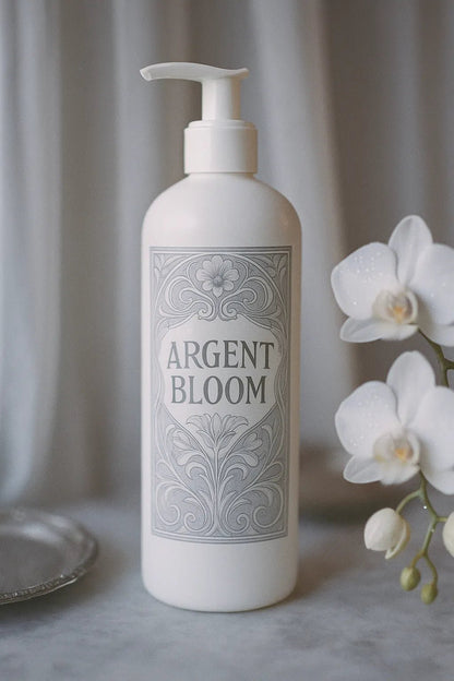 Example output from the Art Nouveau Label Mockups ChatGPT prompt: elegant bottle and jar mockups. Argent Bloom.