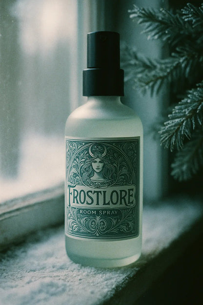 Example output from the Art Nouveau Label Mockups ChatGPT prompt: elegant bottle and jar mockups. Frostlore.