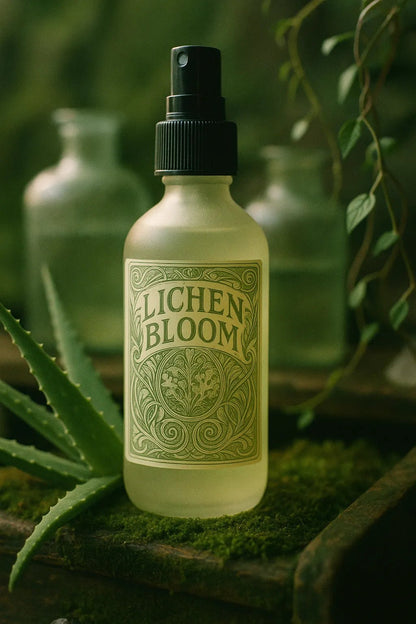 Example output from the Art Nouveau Label Mockups ChatGPT prompt: elegant bottle and jar mockups. Lichen Bloom.