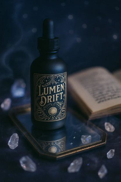 Example output from the Art Nouveau Label Mockups ChatGPT prompt: elegant bottle and jar mockups. Lumen Drift.