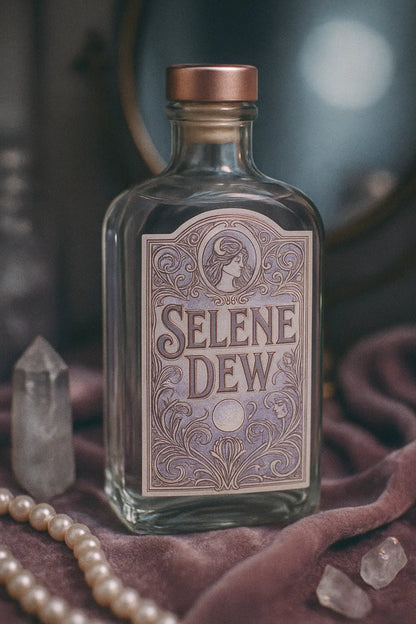 Example output from the Art Nouveau Label Mockups ChatGPT prompt: elegant bottle and jar mockups. Selene Dew.