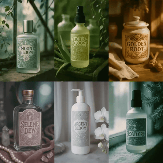 Example output from the Art Nouveau Label Mockups ChatGPT prompt: elegant bottle and jar mockups with engraved labels, featuring rich color palettes, DSLR-style off-center angles, and cinematic lighting with film grain effects.