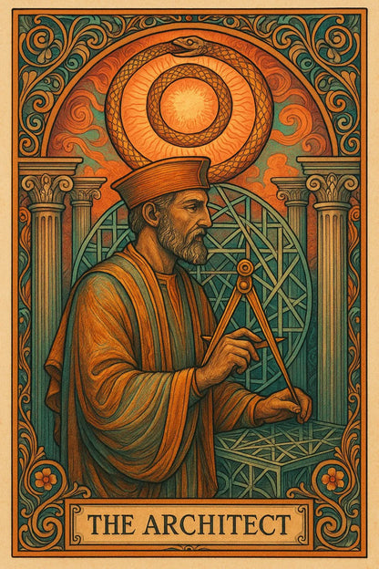 Example output from the Art Nouveau Tarot Cards ChatGPT prompt: symbolic tarot cards in lush Art Nouveau style. The Architect.