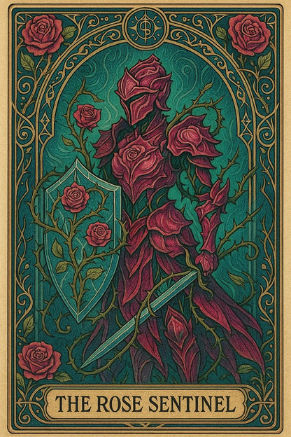Example output from the Art Nouveau Tarot Cards ChatGPT prompt: symbolic tarot cards in lush Art Nouveau style. The Rose Sentinel.