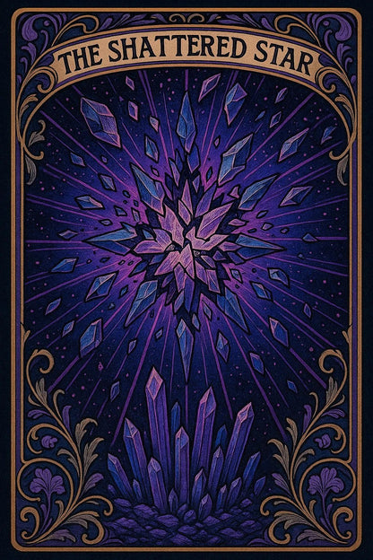Example output from the Art Nouveau Tarot Cards ChatGPT prompt: symbolic tarot cards in lush Art Nouveau style. The Shattered Star.