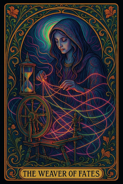 Example output from the Art Nouveau Tarot Cards ChatGPT prompt: symbolic tarot cards in lush Art Nouveau style. The Weaver of Fates.